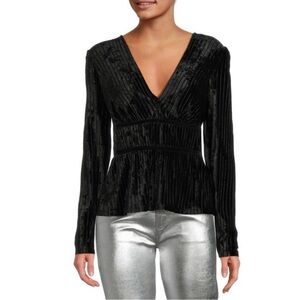 *NWT* BCBG MAXAZRIA V Neck Black Velvet Cinched Long Sleeved Top in XS